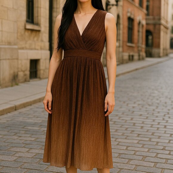 Dress the Population Dresses & Skirts - Dress the Population Brown Gold Pleated Metallic Midi Dress L Sleeveless Party